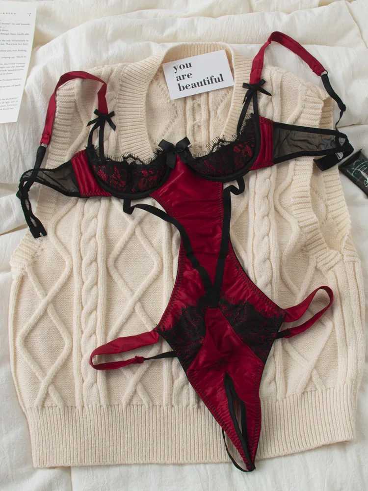 Palace style sexy bodysuit black color collision patchwork underwear one-piece lace edge lingerie setXJ241205