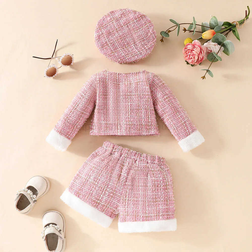 2024 Autumn Baby Girls Clothes Cute Plush Selvedge Plaid Long Sleeve Tops Solid color Flared Short Pants with Beret SetsXJ241205