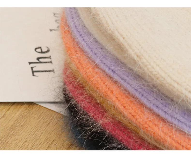 OMEA Angora Rabbit Skin Winter Hat Womens Solid Hair Warm Knitted Girls Hat Hat Korean Blurred Pink Soft Bean 241205