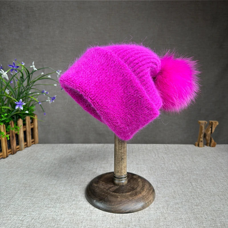 Korean version fox fur ball knitted hat suitable for womens autumn and winter earmuffs Angora rabbit fur flip cover plush hat 241205