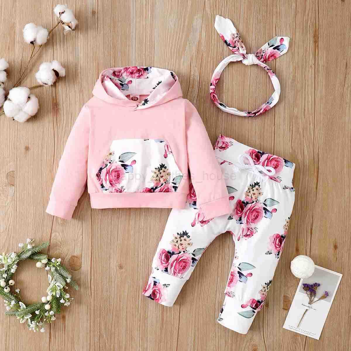 0-18 Months Newborn Baby Girl Floral Clothes Set Hooded Printed Top+Pant+Headband 3PCS Autumn Winter Toddler Girl Fashion OutfitXJ241205