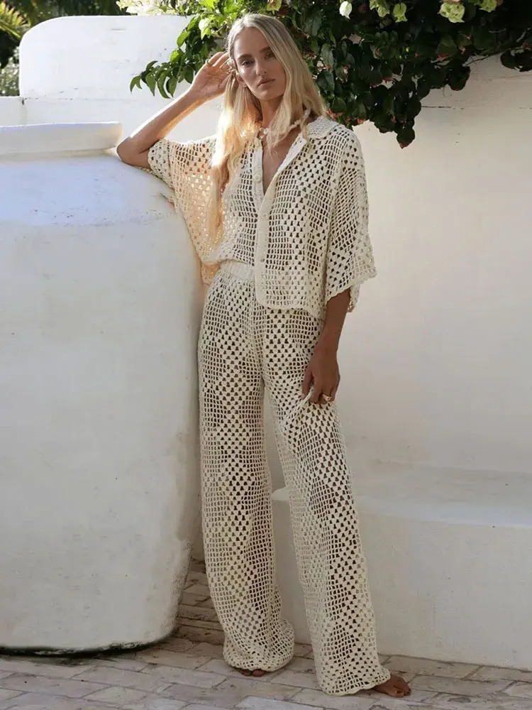 2025 Womens Solid Color Knit Plaid Sexy Hollow Out Beach Bikini Outer Set Beach Holiday Casual Knit Pants 2-Piece Set A3141 241204