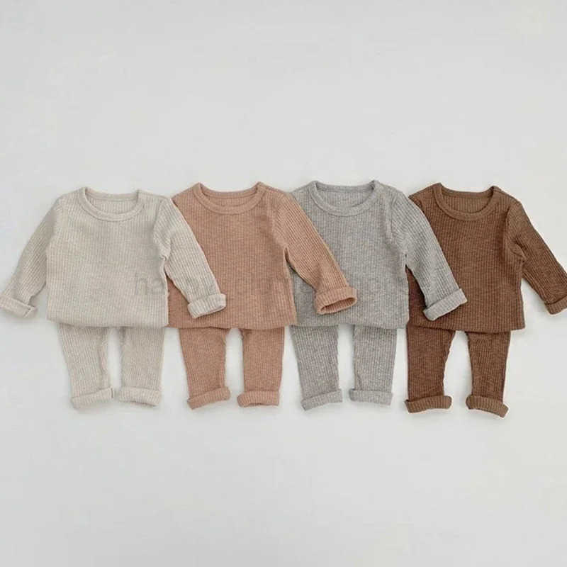 Spring Autumn New Baby Long Sleeve Pajamas Set Infant Solid Homewear 2pcs Suit Boys Girls Tops + Pants Toddler Casual OutfitsXJ241205