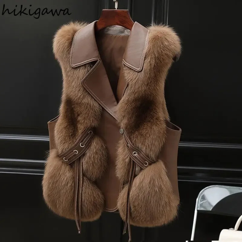 Autumn and Winter Clothing Leather Fox Fur Vest Womens Waistcoat Thicked Warm Temperament Tanks Jackets Ropa Mujer 241205