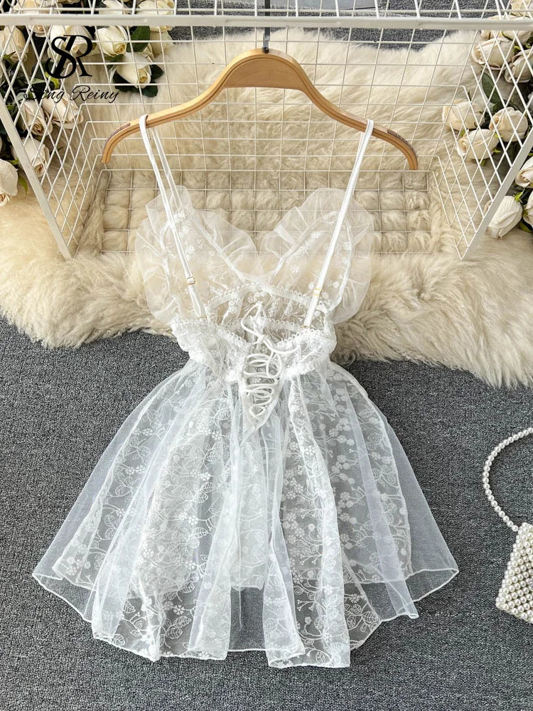 SINGREINY Summer Lace Ruffles Sheer Nightwear Women Sexy Embroidery Camis Slim Pajamas Backless Erotic Sensual Night Dress 241205