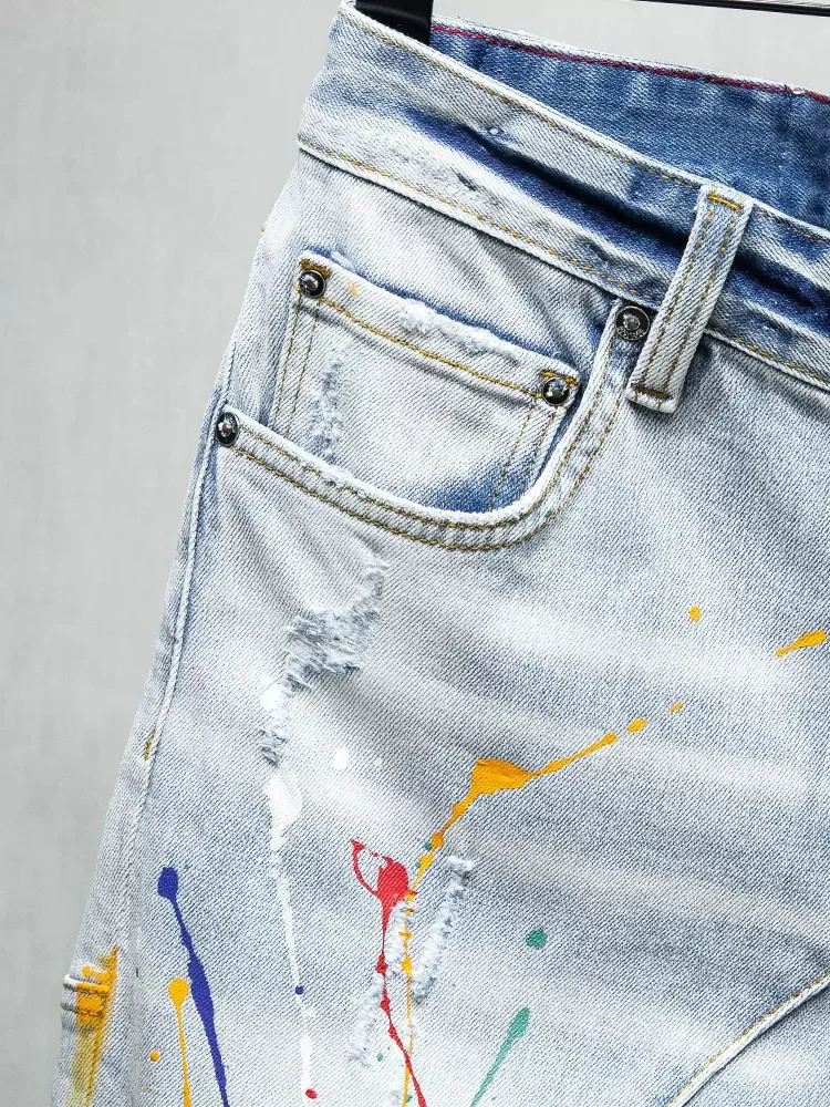 Summer Fashion Men Jeans Retro Light Blue Elastic Stretch Ripped Short Jeans Painted Spliced Hip Hop Denim Shorts Men 241205