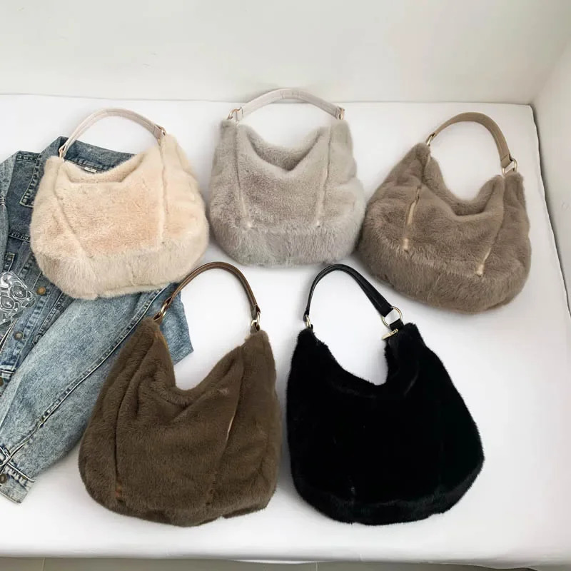 High quality faux mink womens shoulder bag winter trend soft solid color handbag fluffy faux fur hooded handbag 241205