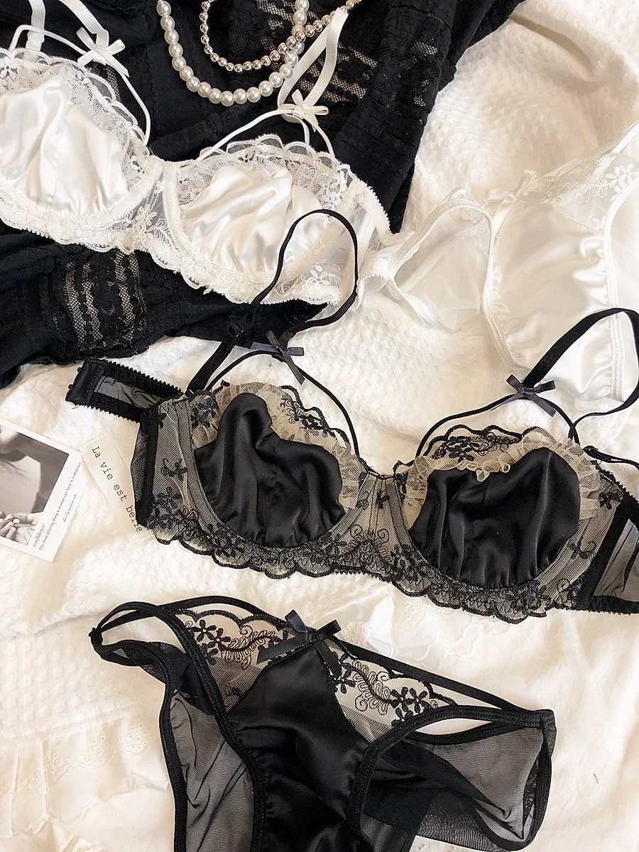 Romantic French Style Lingerie For Women Sexy Elegant Mesh Embroidery Ribbon Bowknot Lace Ruffle Silk Girls Underwear SetXJ241205