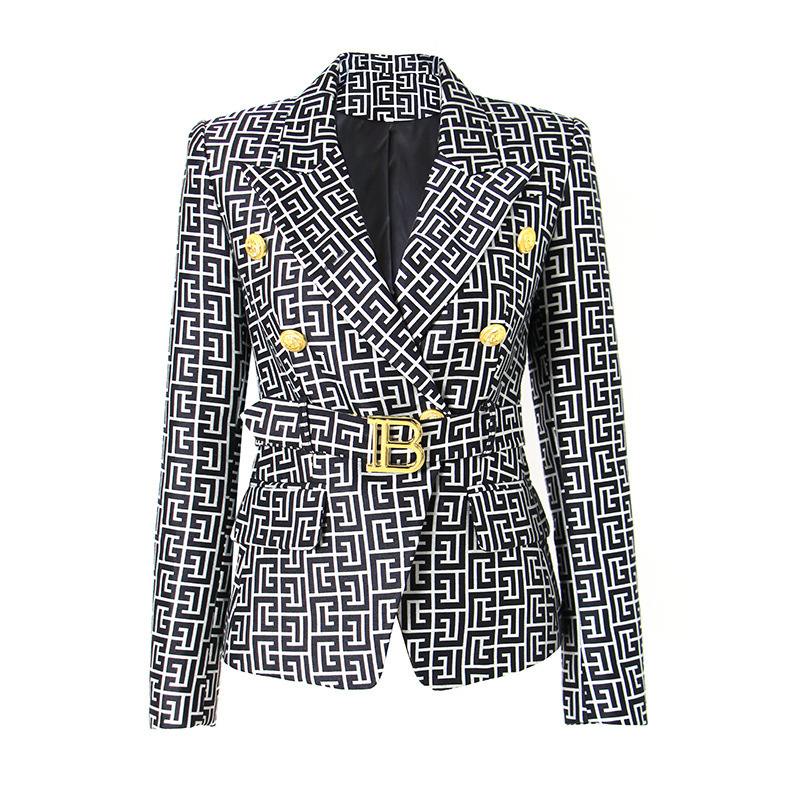 Elegant Women's Blazers Spring Autumn Denim Jacquard Jacket Ladies Gold Button Slim-Fit Suit Women Smart Commuter