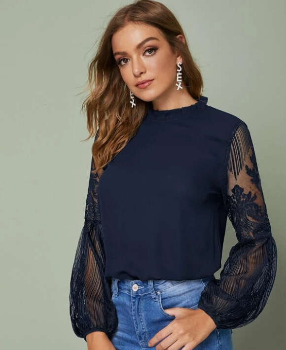 2020 European and American pleated collar see through sheer lace lantern sleeves women's top 2024 temperament versatile new trend clothing ins