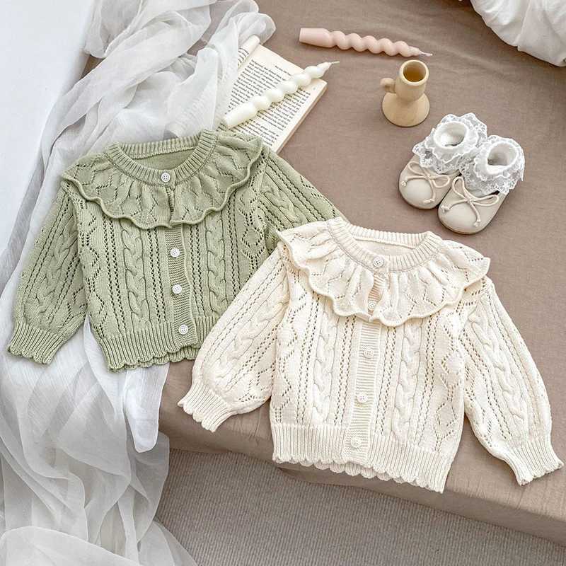 Baby newborn girl sweater cardigan wool sweater hollow flower pleated long sleeved girl top coat Korean girl dress autumn knitted jacket W241205