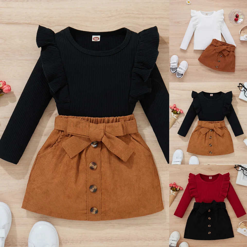 LAPA Cute Fashion Girls Skirt Suit Two-piece Set Baby Girls Solid Ruffle Long Sleeve Top+Corduroy Skirt Autumn New Kids SuitXJ241205