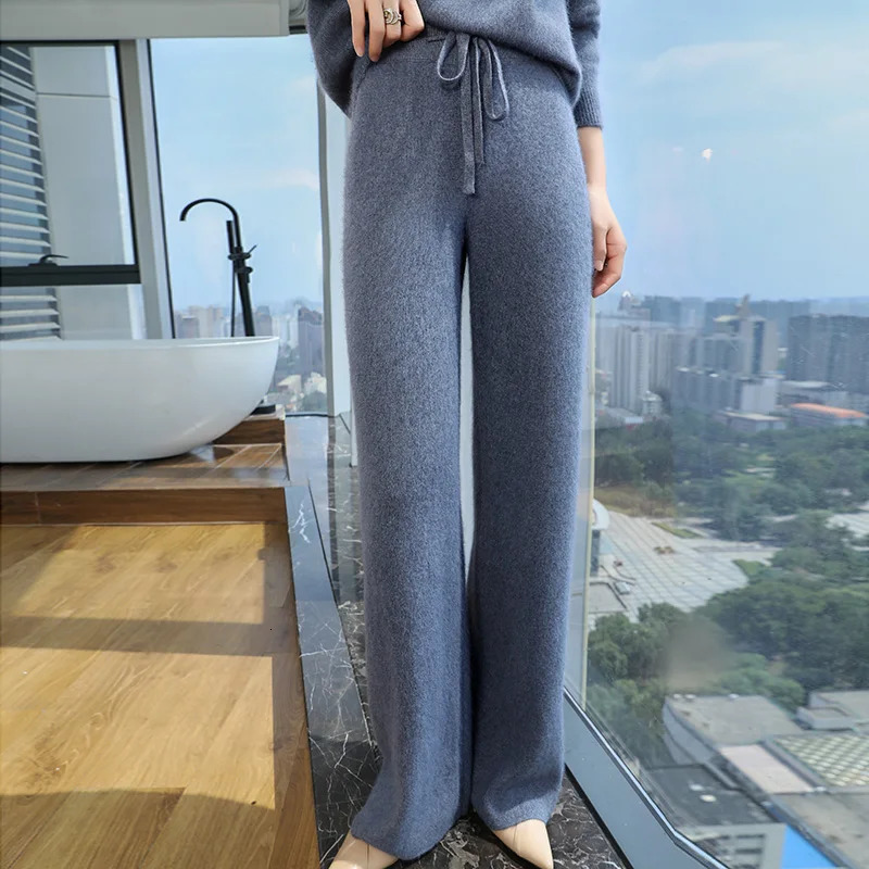 Autumn/Winter Mink Cashmere Wide Leg Womens Pants Thick Warm Loose High Waist Strap Vertical Casual Pants 241202