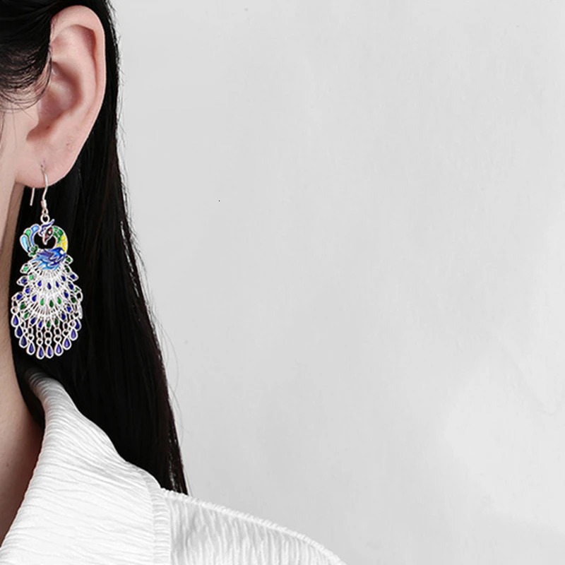 VOJEFEN sterling silver 925 colored glass peacock tassel hook earrings with luxurious and elegant womens long earrings 241205