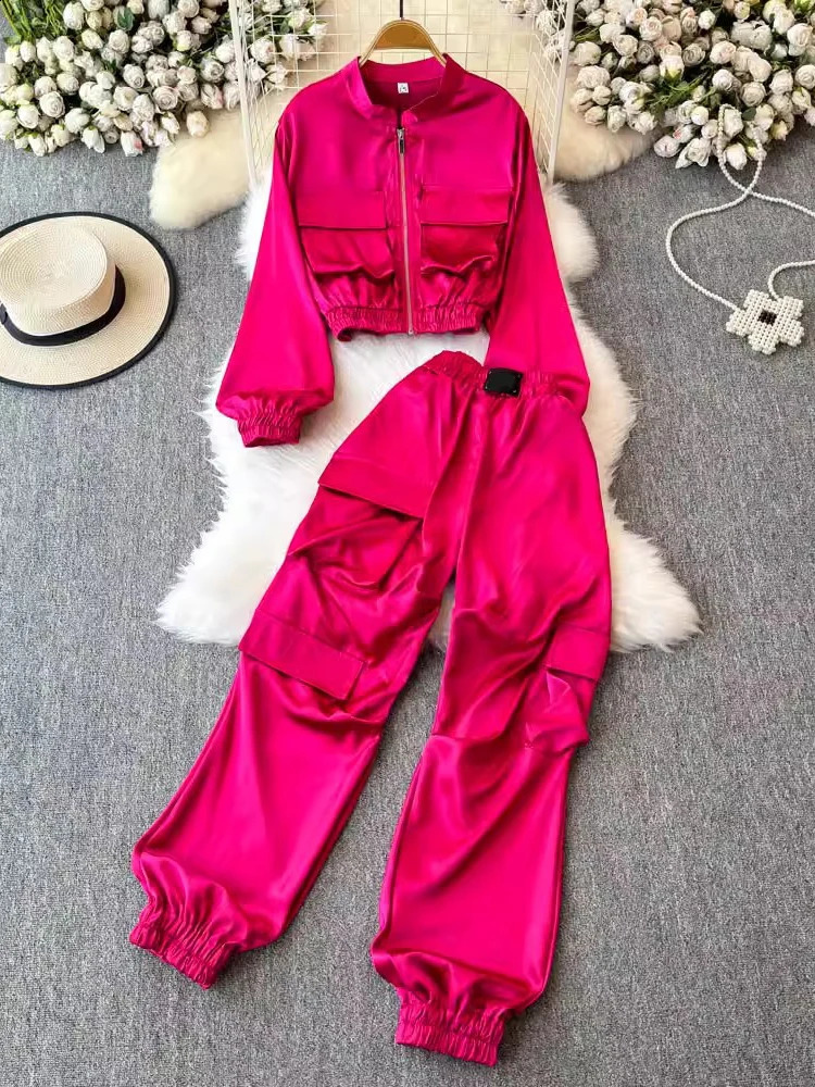 TWOTYLE Streetwear Two Piece Set For Women Round Neck Long Sleeve Coat High Waist Cargo Pant Loose Sets Female KSE513185 241205