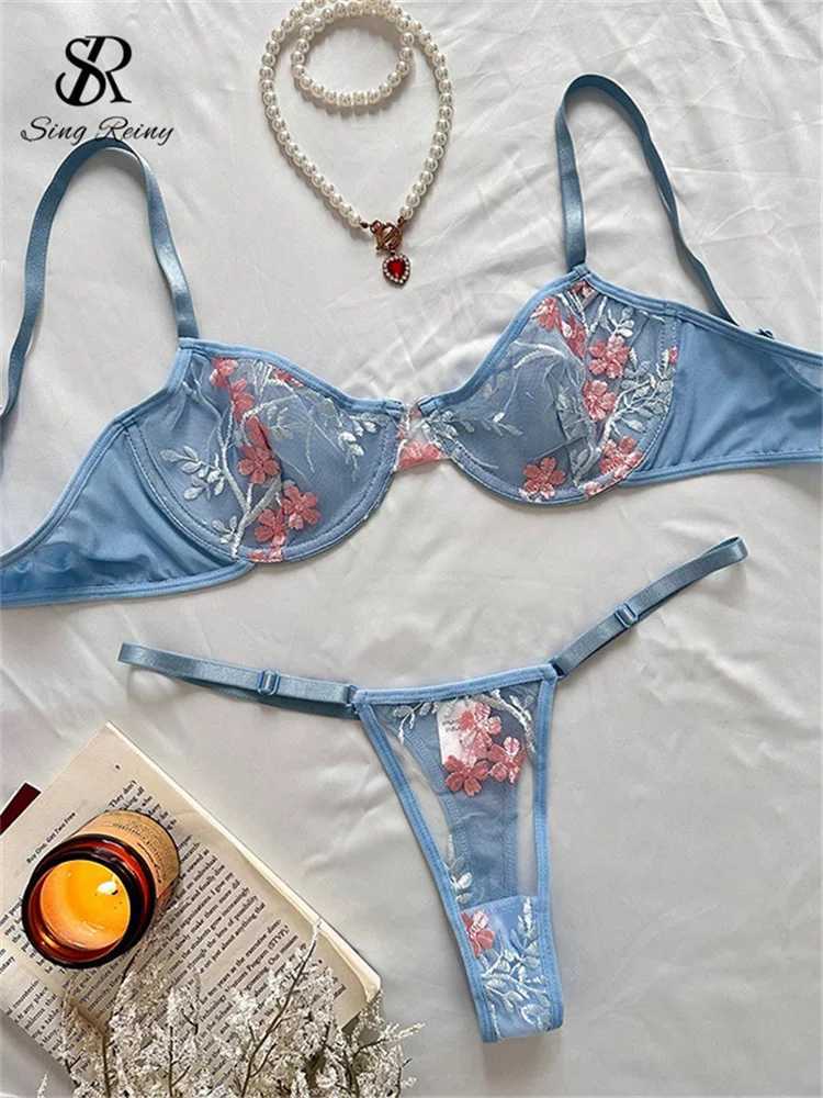 SINGREINY Thin Sexy Bra Briefs Sets Women Sensual Floral Embroidery Lace Lingerie 2024 Fashion Mesh Transparent Underwear SuitsXJ241205