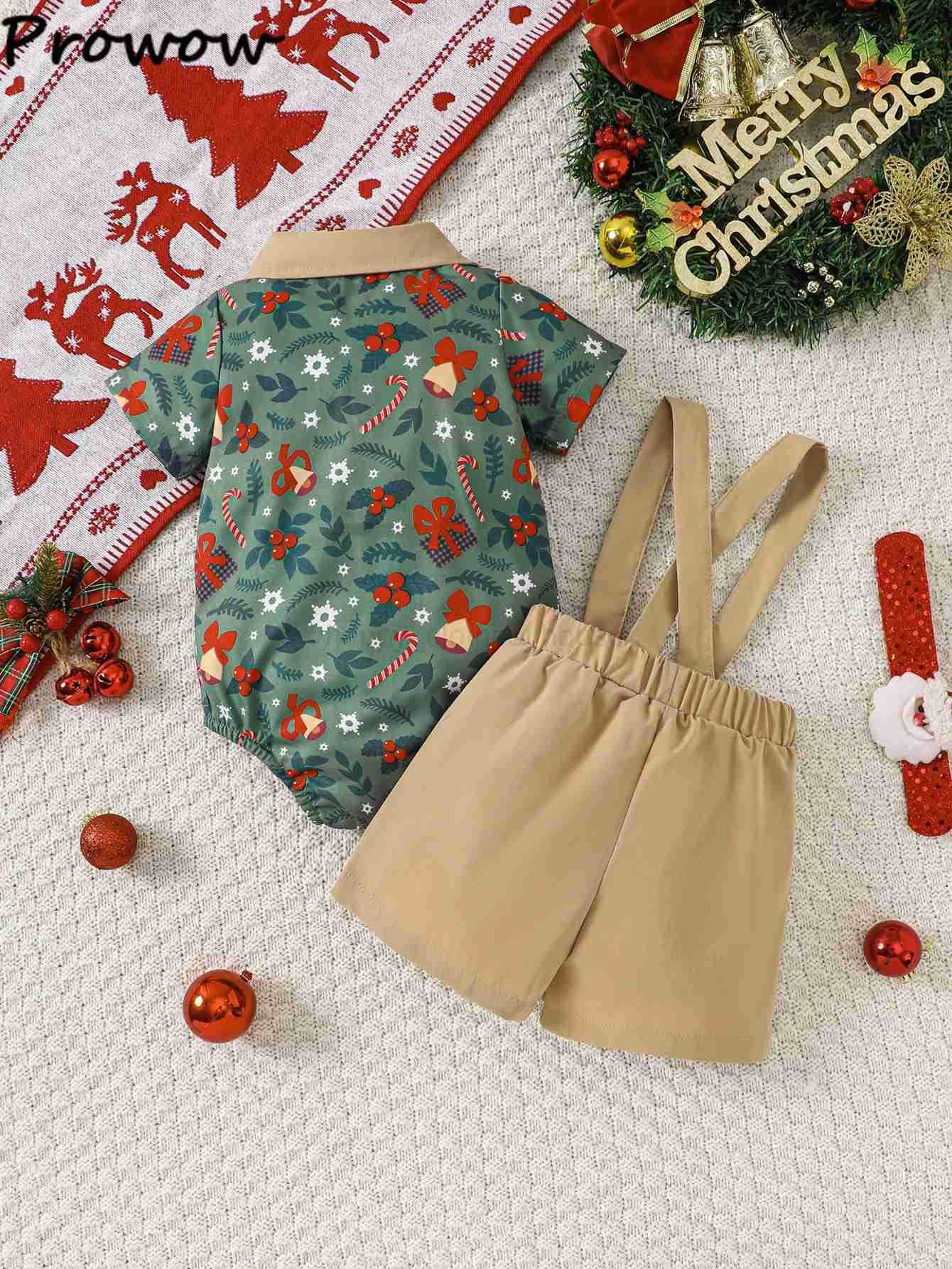 Pro Baby Boys Christmas Outfits Xmas Print Necktie Shirts Romper+Suspender Pants Newborn Christmas Sets New Year Baby CostumeXJ241205
