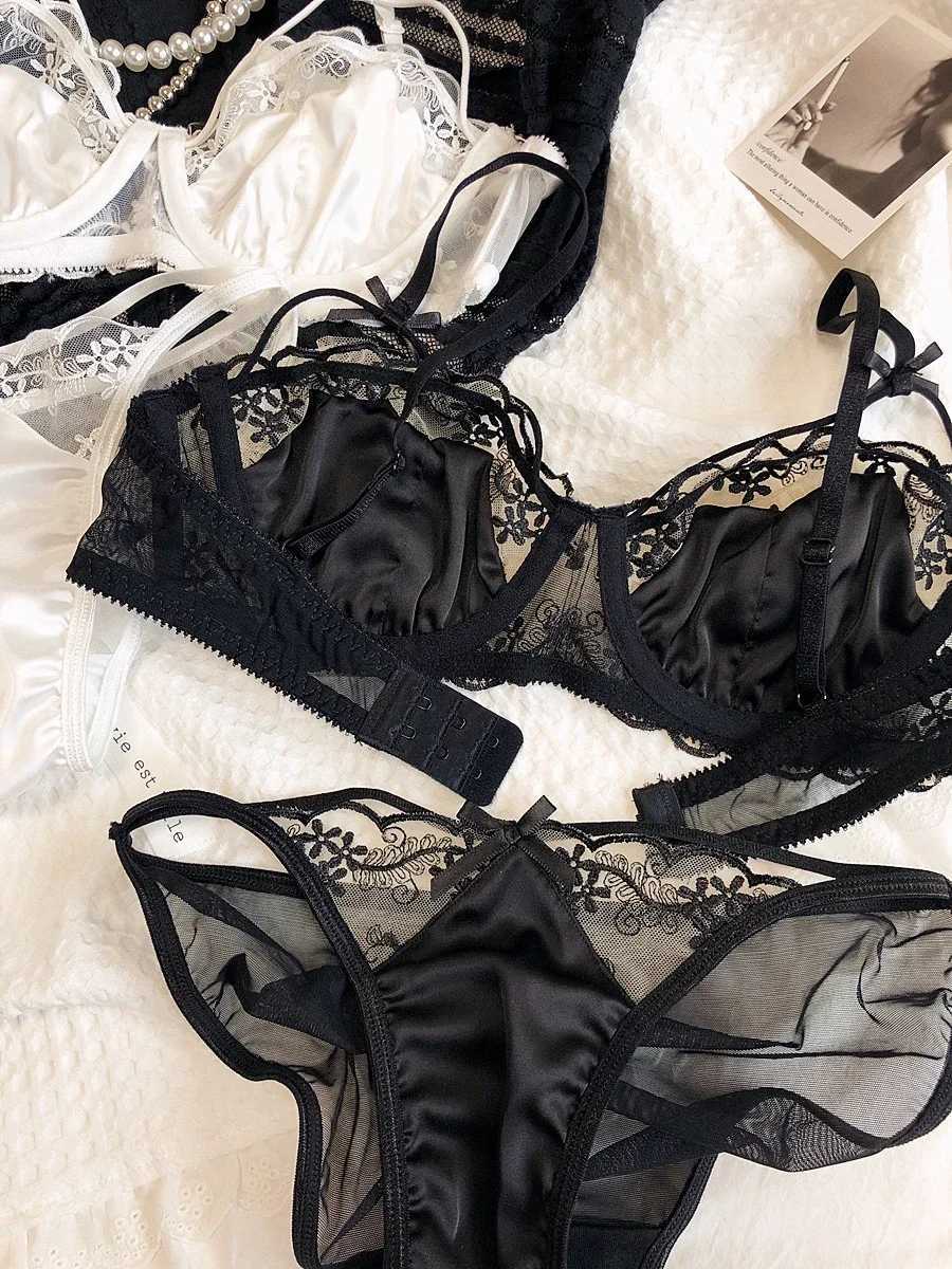 Romantic French Style Lingerie For Women Sexy Elegant Mesh Embroidery Ribbon Bowknot Lace Ruffle Silk Girls Underwear SetXJ241205