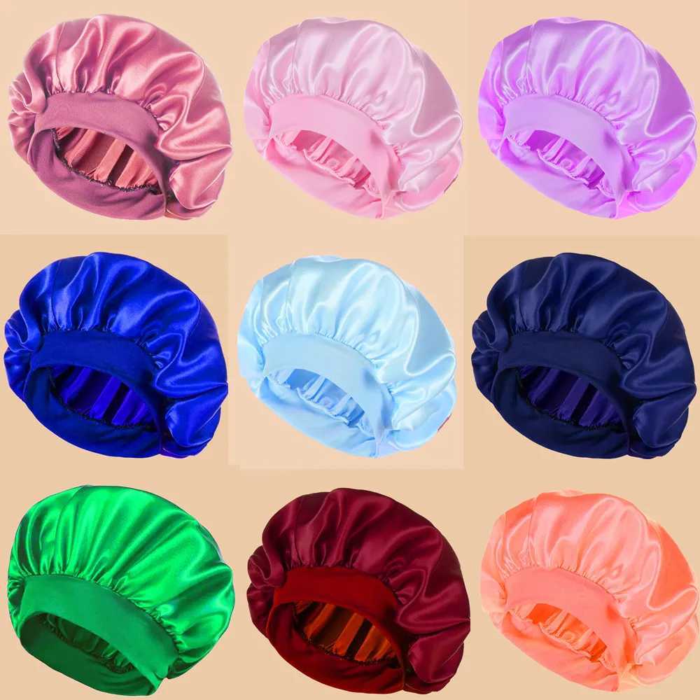 1pc Womens Solid Color Satin Wide-Brimmed Shower C Suitable For Daily Use Silk Bonnet Satin BonnetXJ241205