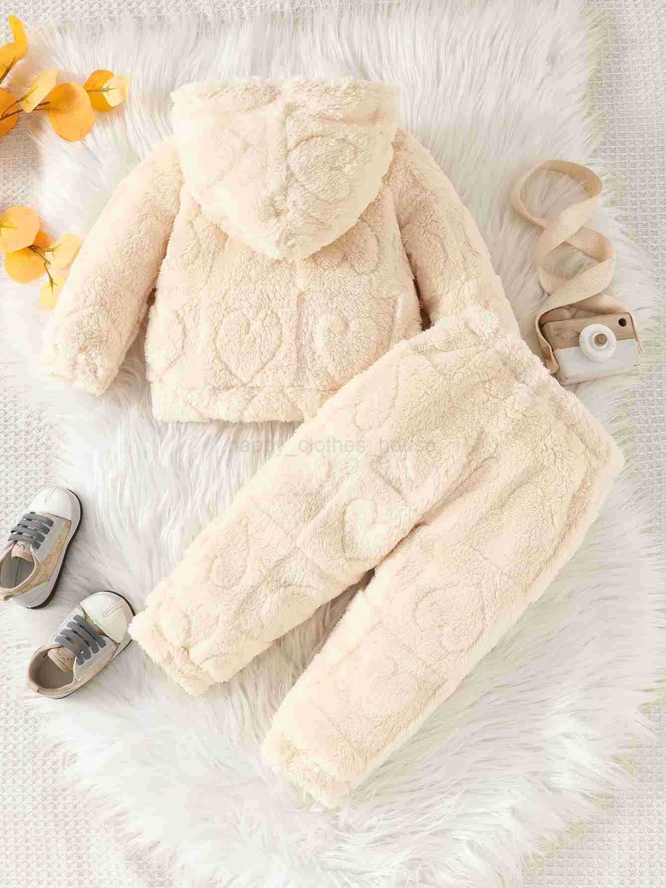 0-2 years old baby autumn and winter warm and comfortable love fur pattern hooded top + love fur pattern pants two-piece setXJ241205