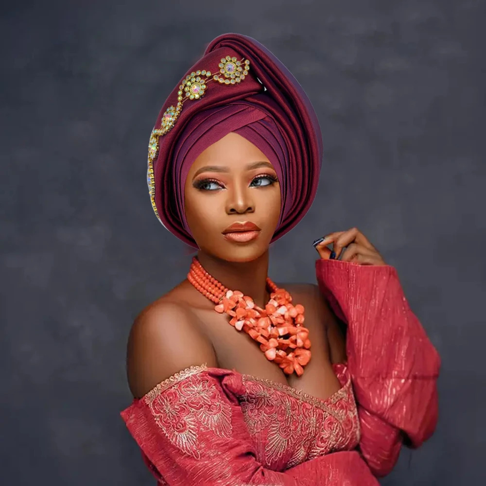 Diamonds Turban Cap for Women African Lady Head Wraps Nigeria Auto Gel Headtie Wedding Party Headwear Turbante Mujer 241205