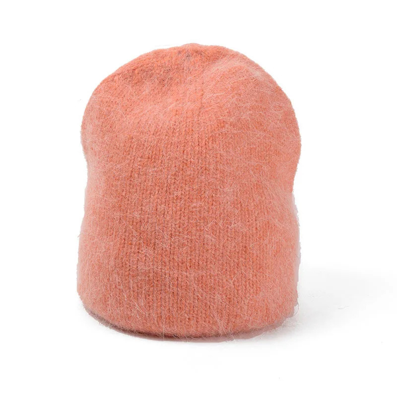 OMEA Angora Rabbit Skin Winter Hat Womens Solid Hair Warm Knitted Girls Hat Hat Korean Blurred Pink Soft Bean 241205
