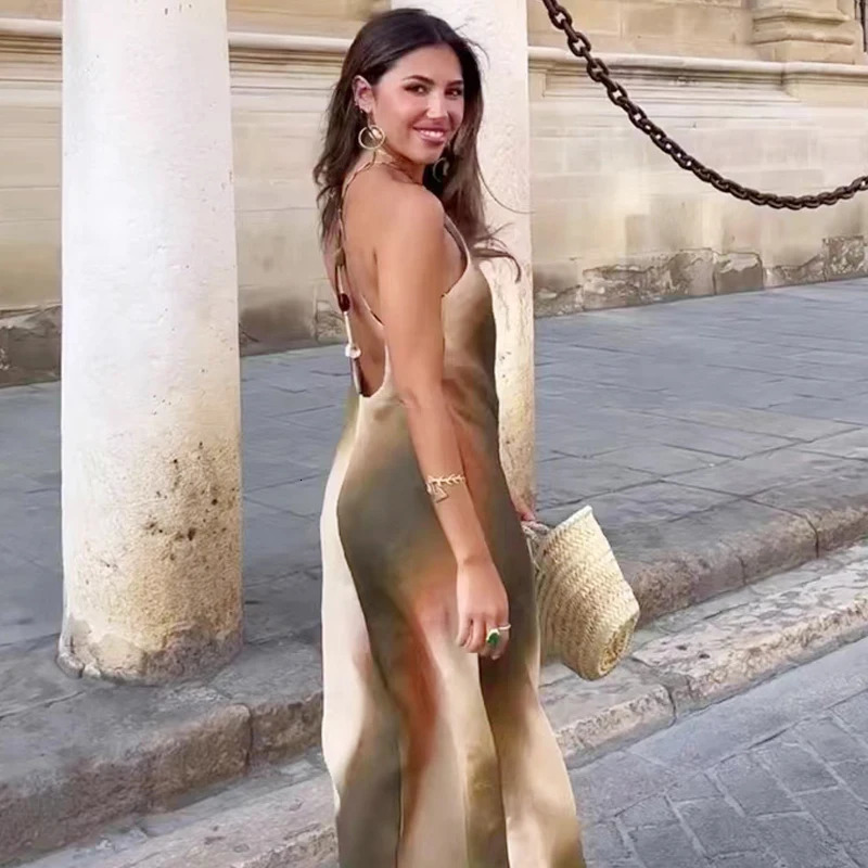 HXAO Tie Dye Halter Dresses Women Dresses Summer Sleeveless Backless Slim Maxi Dresses Sexy Elegant Party Dresses For Women 241205