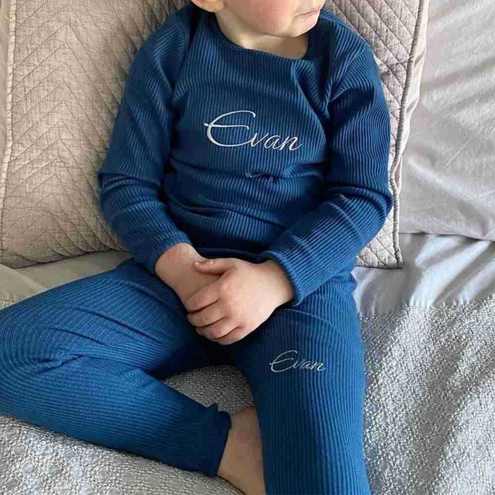 2024 Custom Winter Warm Kids Clothes Ribbed Knitting Pajamas Solid Cotton Casual Infant Set Baby Boy Girl Lounge SleepwearXJ241205