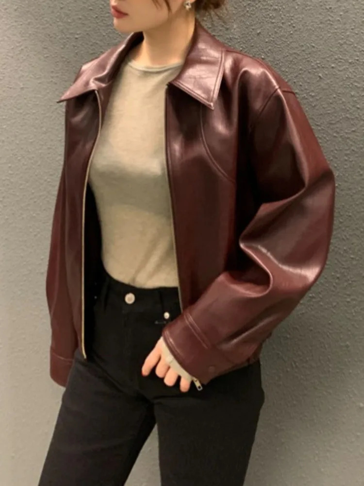 EWQ Korean Vintage Chic Long Sleeve Lapel Zipper PU Leather Jacket Casual All-match Women Suede Coat 2024 Autumn 16O3097 241204