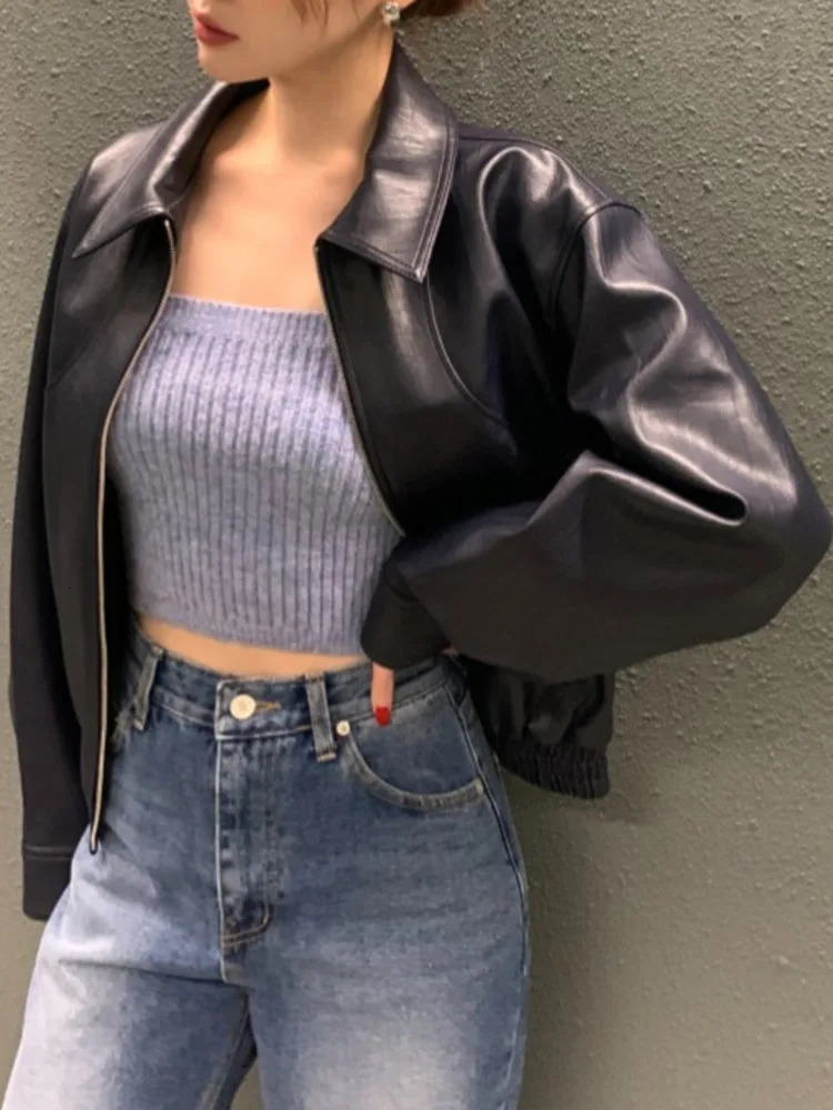 EWQ Korean Vintage Chic Long Sleeve Lapel Zipper PU Leather Jacket Casual All-match Women Suede Coat 2024 Autumn 16O3097 241204