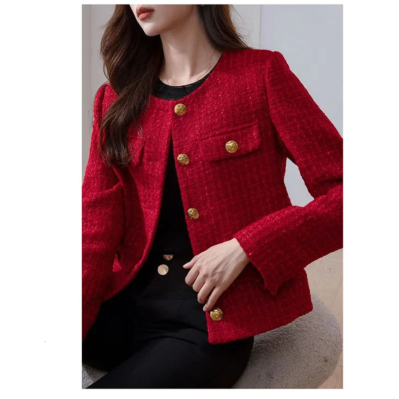 Womens Short Jacket Spring Autumn Korean Fashion Female Tops Elegant Red Tweed Small Fragrance Coat Outerwear 241205