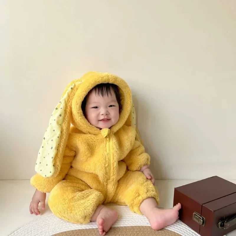 Pajamas Winter Girls Rabbit Romper Slouchy Comfortable Zipper Jumpsuit Cute Hooded Pajamas Baby Boys Plush Homewear Outfits H241205