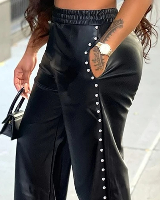 Trendy Womens Pants 2024 Casual Water Diamond Decoration Solid Color Loose Wide Leg Pocket Pu Leather High Waist Pant 241205