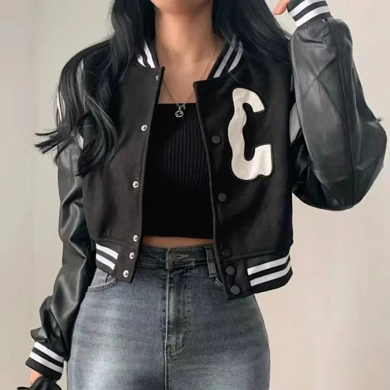 Winter Cropped Bomber Jacket Women Vintage Korean Fashion Oversized Gothic Baseball Short Jackets Kpop Chic Streetwear Coat 241205