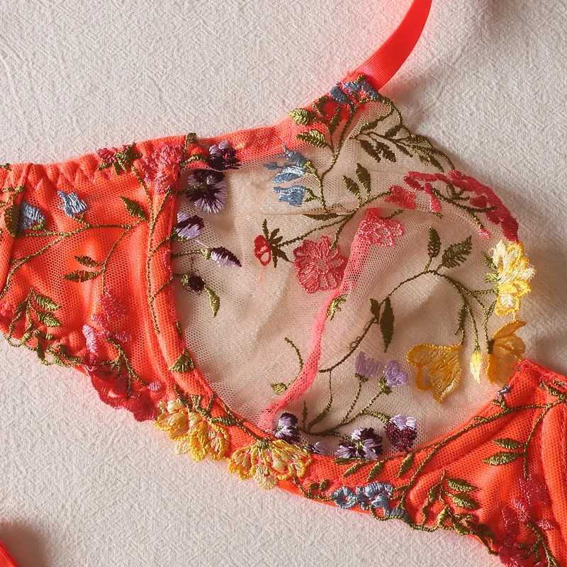 2-Piece Embroidery Lingerie Set Sexy Floral Sheer Wireless Bra Boho Bra Panty SetXJ241205