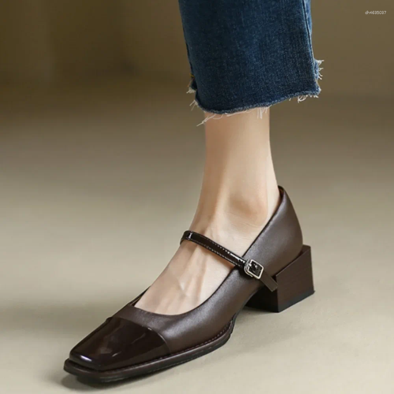 Dress Shoes Leather Women French Color Matching Pumps Female Mary Jane High Heels Small Heel Ladies For zhanyishengli