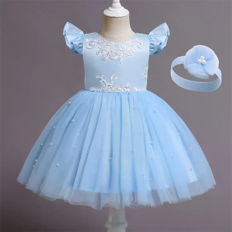 Cute Baby Dress Embroidery Lace Flower Princess Gown For 1st Birthday Party born Babi Blue Bead Prom Tulle Clothes R250424