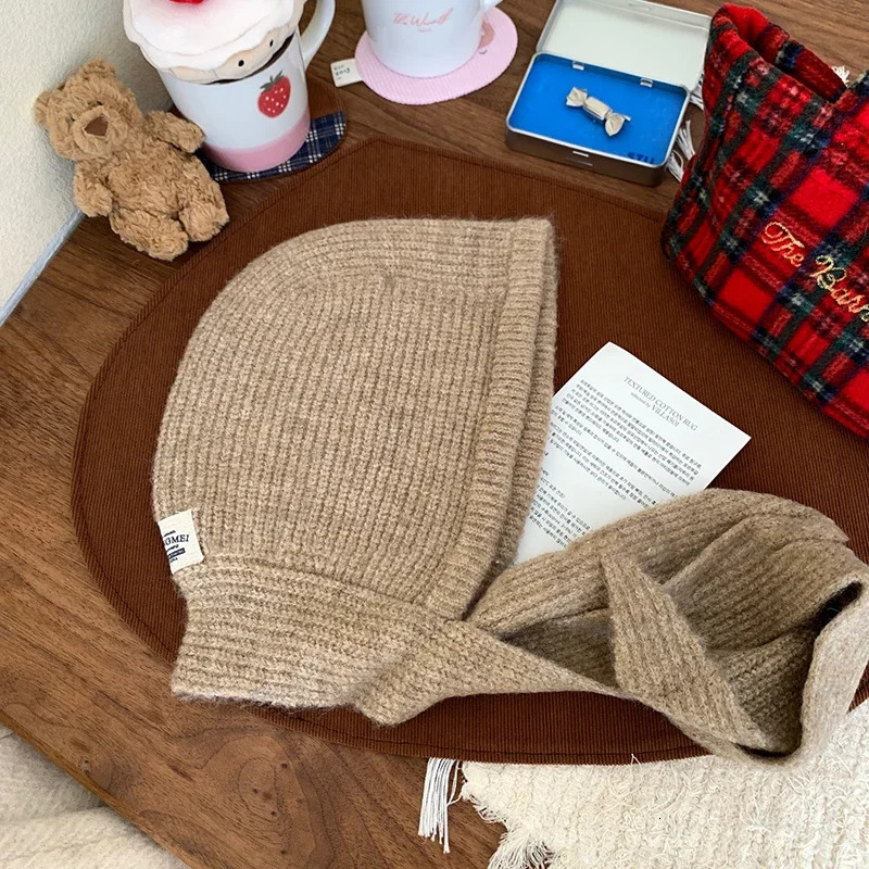 South Korean Balaclava Hat Winter Solid Label Hat Scarf Set Warm Thick Knitted Earrings Beanie Girls Year Accessories Gift 241205