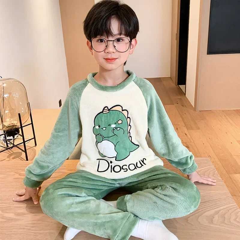 Pajamas Children Pajama Velvet Thickened Warm Cartoon Casual Loungewear Kids Boy Girl Flannel Set Long Sleeve Coral Fleece Winter Clothe H241205