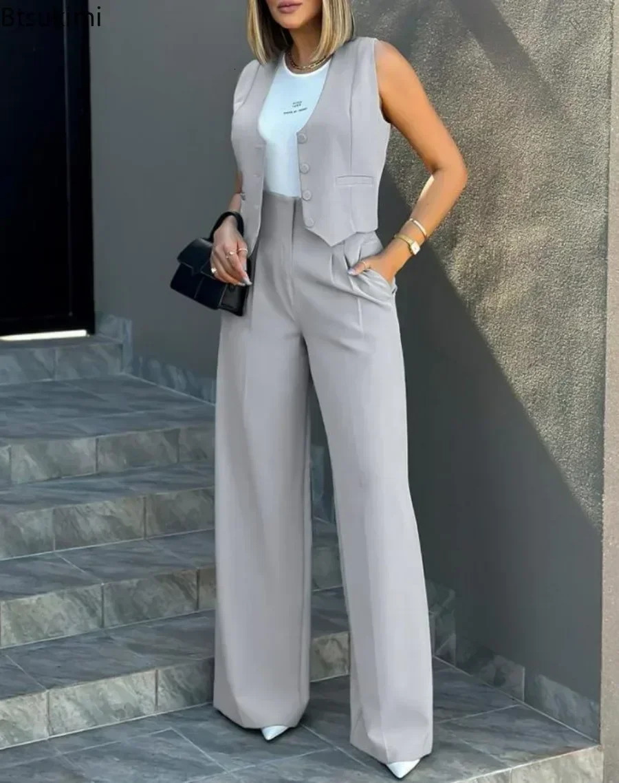 Summer Casual 2PCS Pants Solid Tank TopPants Elegant High Waist Wide Leg Womens Matching Set