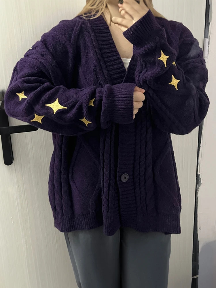 Speak Now Cardigan with Star Embroidery Button Up Chunky Knit Purple Sweater TV Album TS Fall Winter Concert Eras Tour Outfit 241205