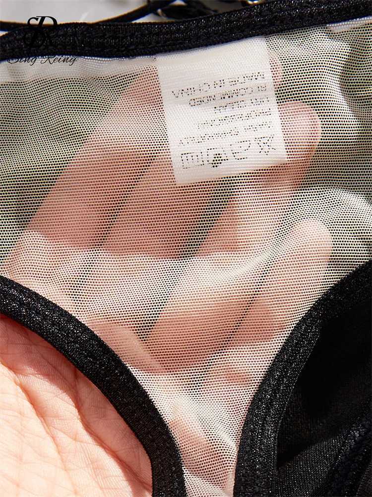 SINGREINY Leather Splicing Mesh Sexy Lingerie Sets Strap Sheath Sensual Shapewear Sheer Cross Bandage Porn Underwear SuitsXJ241205
