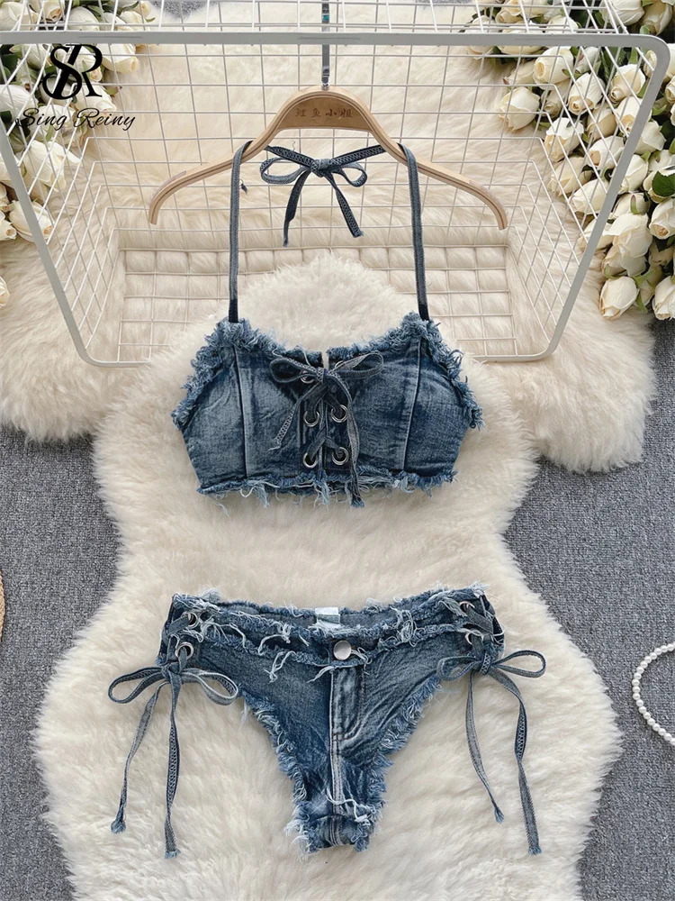 SINGREINY Retro Women Bikini Denim Suits Summer Halter Camis Mini Pant Lingerie Fashion Vacation Swimsuits Sexy Bra Briefs Sets 241205