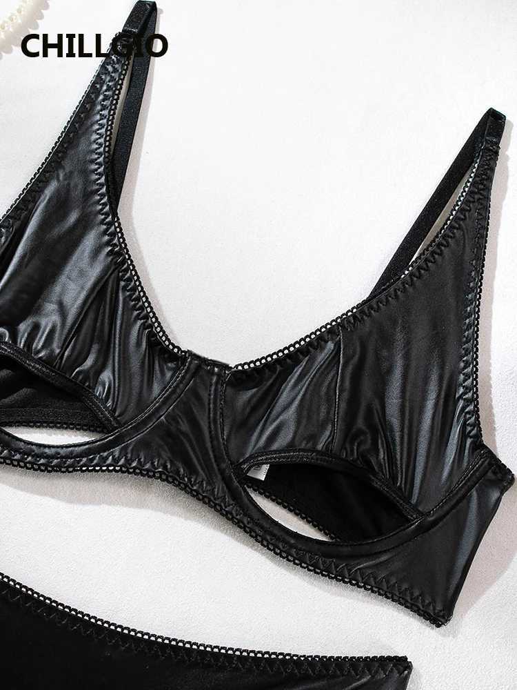 LLGIO Women Sexy PU Push Up Bra Brief Suits Fashion Three Pieces Basic Underwear Bodycon Hollow Faux Leather Lingerie SetsXJ241205