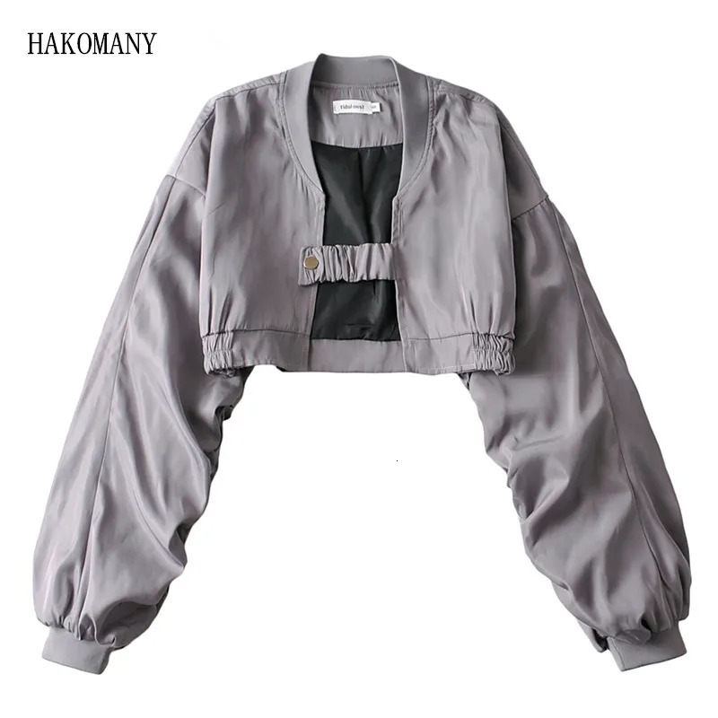 Women Streetwear Ruched Sleeve Casual Basic Cropped Bomber Coat Female Outwear Plain Gray Black Short Women Baseball Jackets 241205