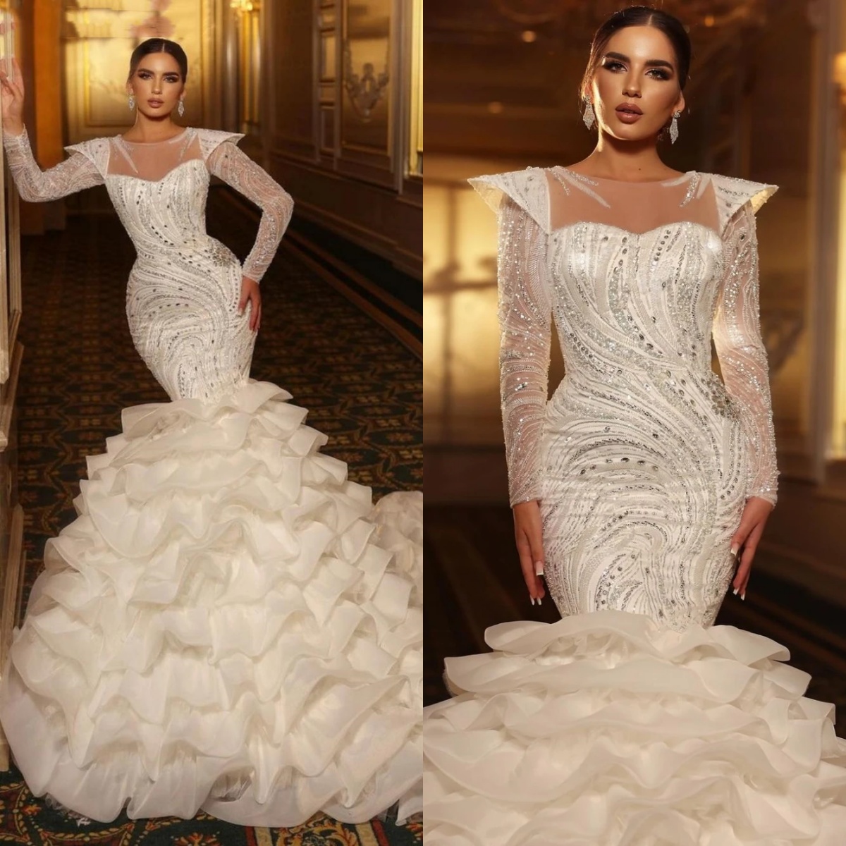 Exquisite Ruffled Beaded Mermaid Wedding Dress Modest O-neck Long Sleeve Bridal Gown Customized Sequined Dresses For Bride vestidos de novia