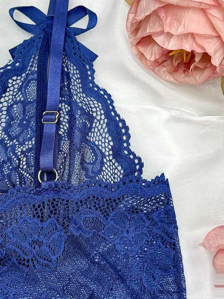 Sensual Lingerie Transparent Lace Bra Kits Crotchless Female Underwear Set Dark Blue Hollow Exotic Sets Tempation Intimate GoodsXJ241205