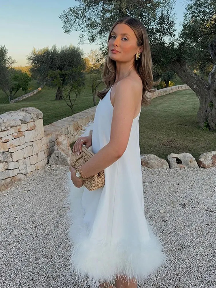 Solid Color Feather Off Shoulder Womens Dress Casual Backless Single Shoulder Sleeve Mini Dresses Chic Party Vestidos 241205