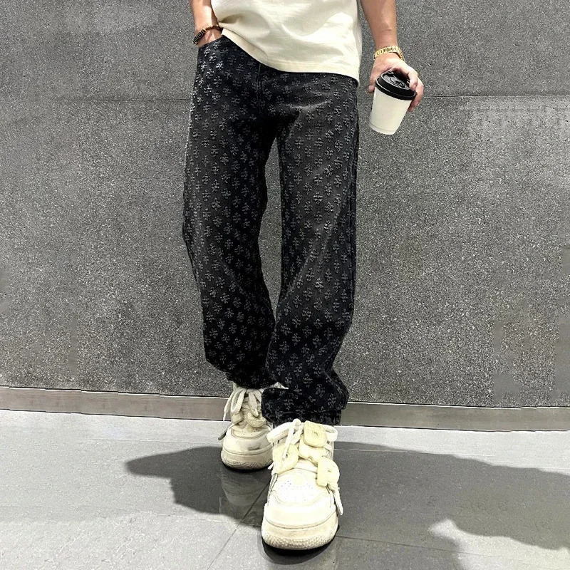 Jacquard Pattern Denim Pants Male Straight Fitting Baggy Bottoms Distressed Wide Jeans For Men 241204