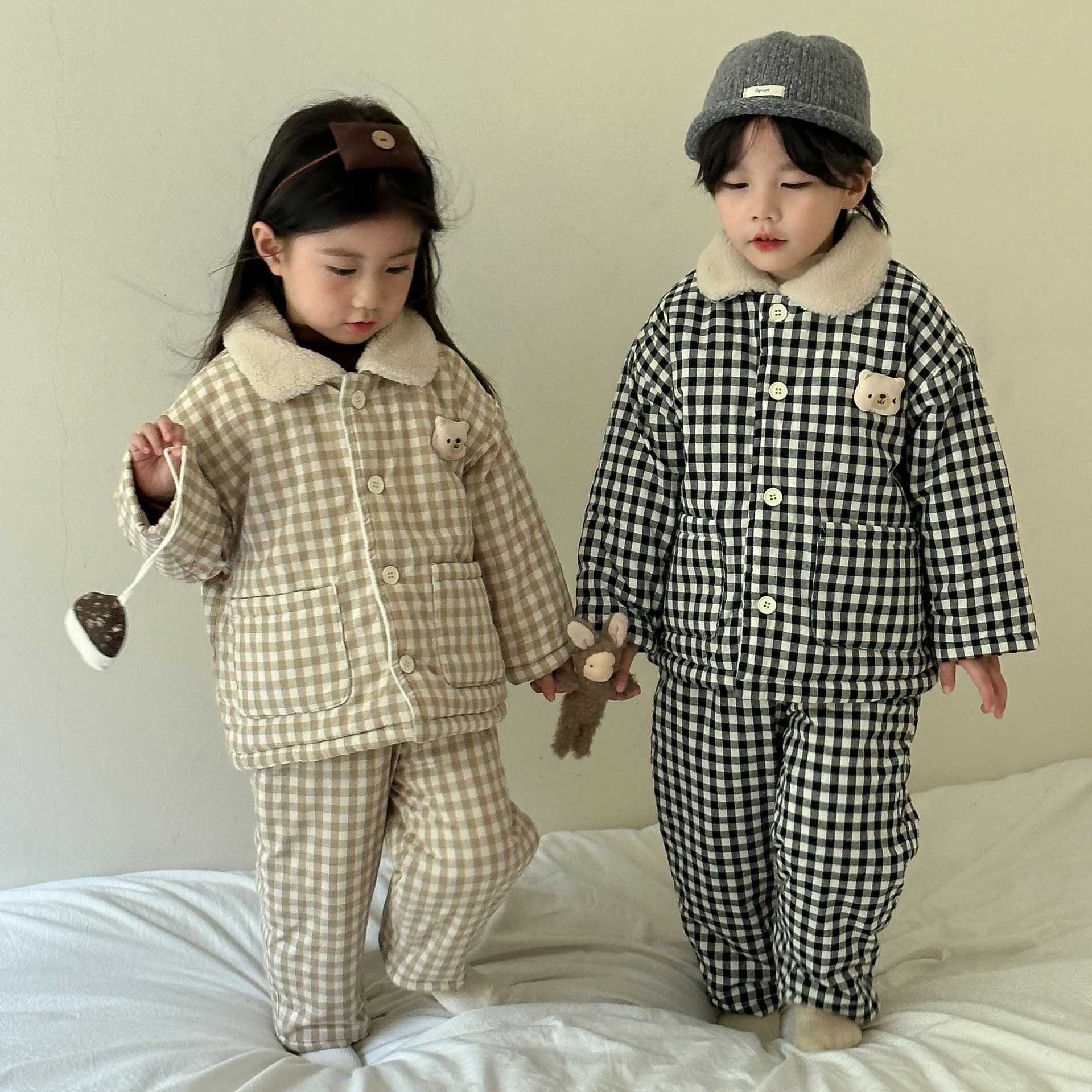 Pajamas Winter Childrens Boys Sleepwear Thick Warm Plush Three Layer Cotton Padded Plaid Baby Boys Pajamas Kids Boys Homewears Set H241205